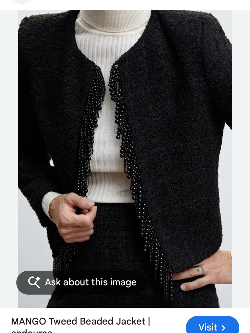 Mango Black Tweed Beaded Trim Jacket